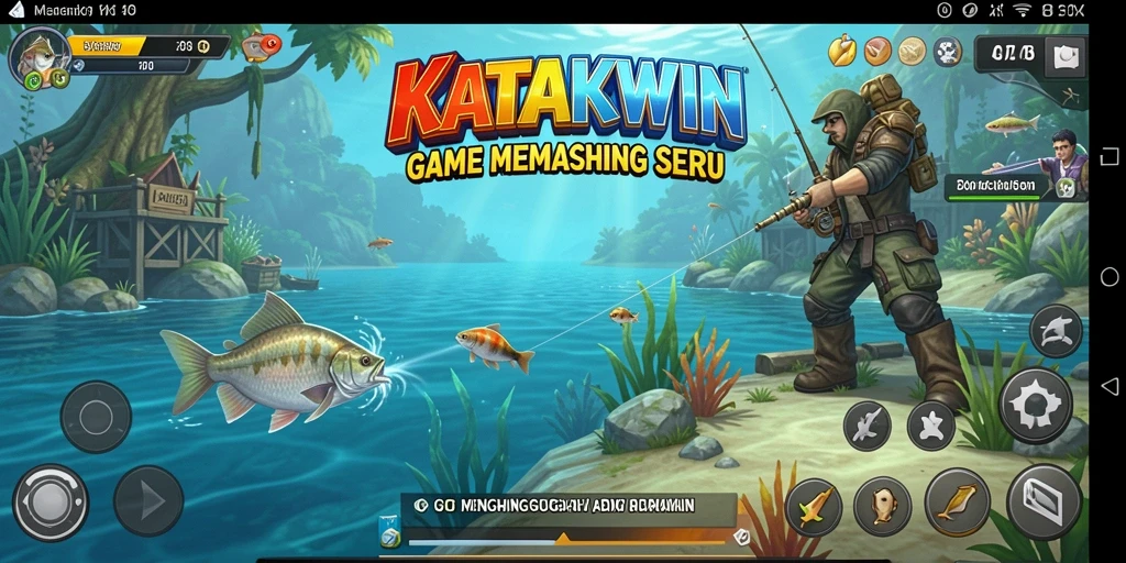 Tampilan gameplay KATAKWIN dengan aksi memancing yang seru.